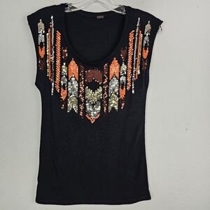 Poof NY Black Top Orange/Gold/Silver Beading Sz S Holiday Sparkle Whimsigoth